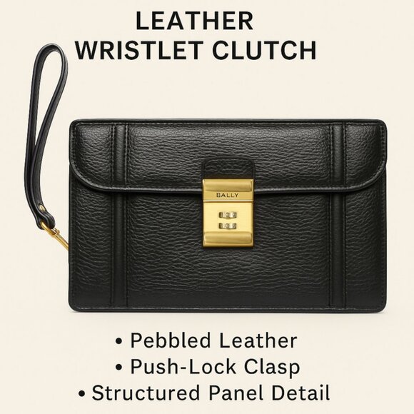 Vintage Bally Unisex Black Pebbled Leather Wristlet Clutch - Picture 1 of 10